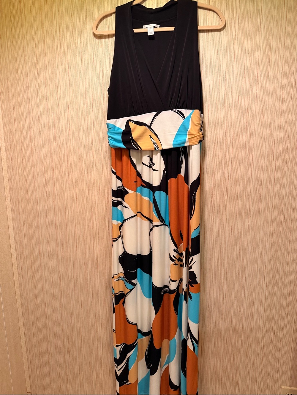 London Times Black Bodice Floral Maxi Dress with Turquoise, Rust & White